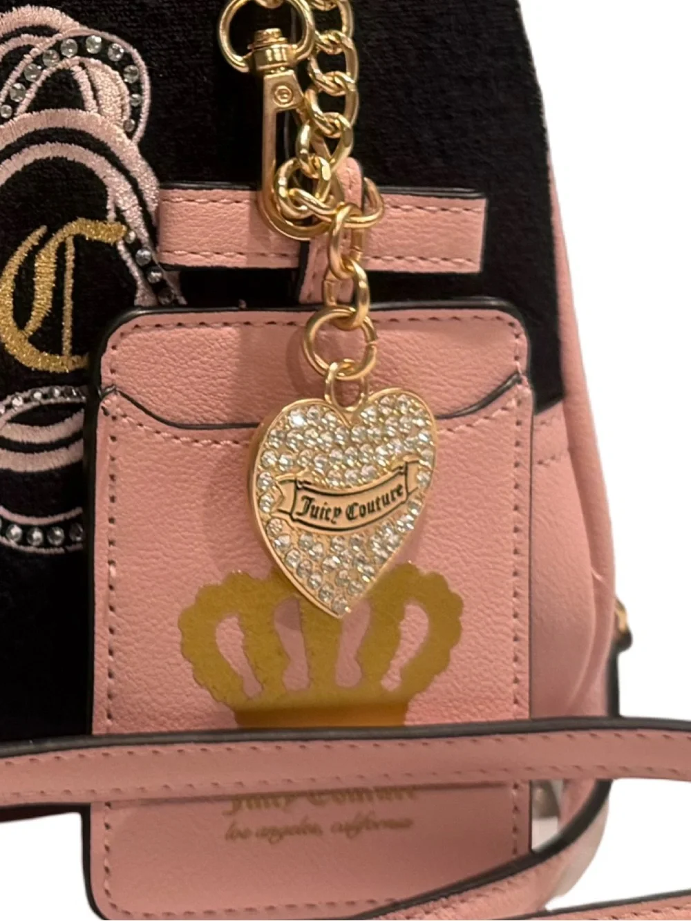 Juicy Couture NWT Black & Pink Embroidered Dome Satchel Gold Hardware (P238